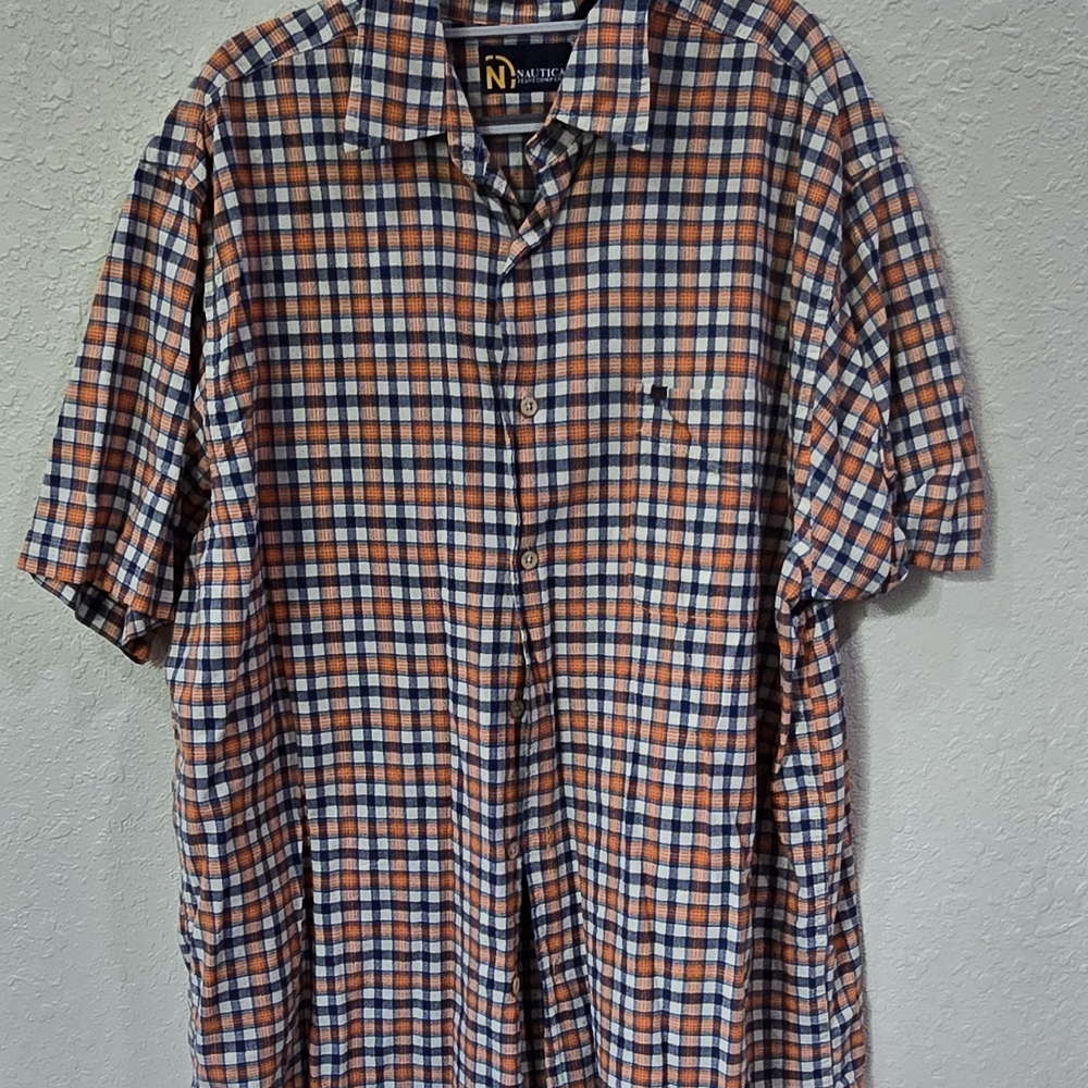 Nautica Orange and Blue Casual Button Down Shirt